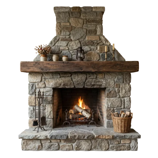 Rustic Stone Fireplace with Burning Fire
