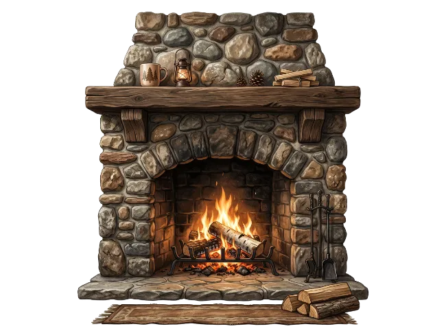 Rustic Stone Fireplace with Burning Wood
