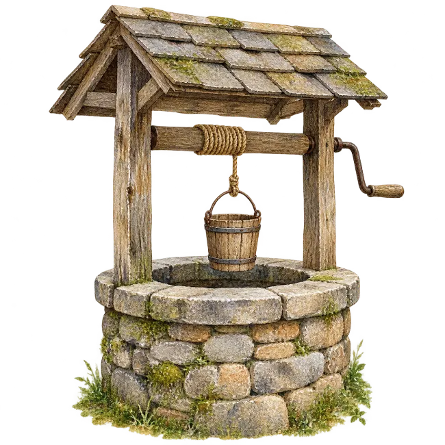 Rustic Stone Water Well with Wooden Bucket