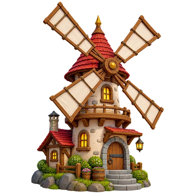 Rustic Stone Windmill with Wooden Blades