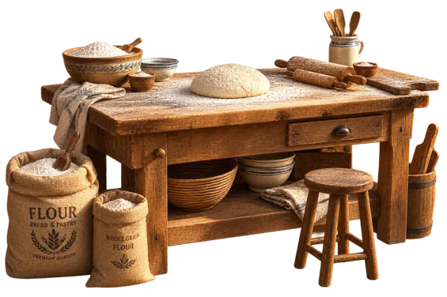 Rustic Wooden Baking Table with Flour and Dough