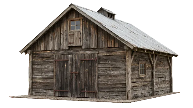 Rustic wooden barn building with corrugated metal roof