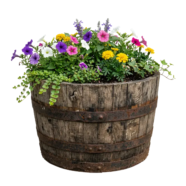 Rustic Wooden Barrel Planter with Colorful Flowers