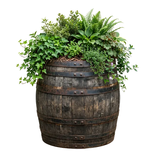 Rustic Wooden Barrel Planter with Lush Green Plants