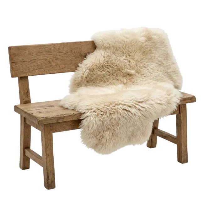 Rustic Wooden Bench with Fluffy Sheepskin Throw