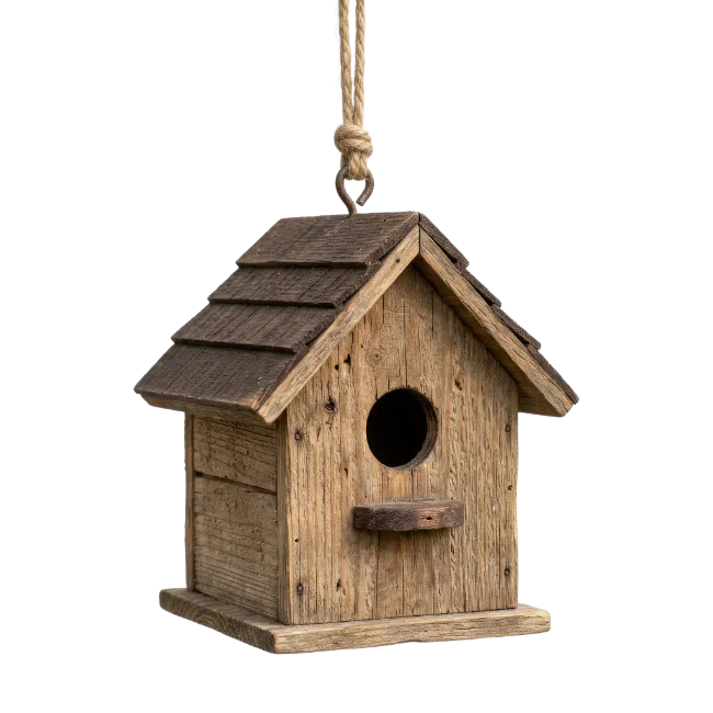 Rustic Wooden Birdhouse Hanging on Rope