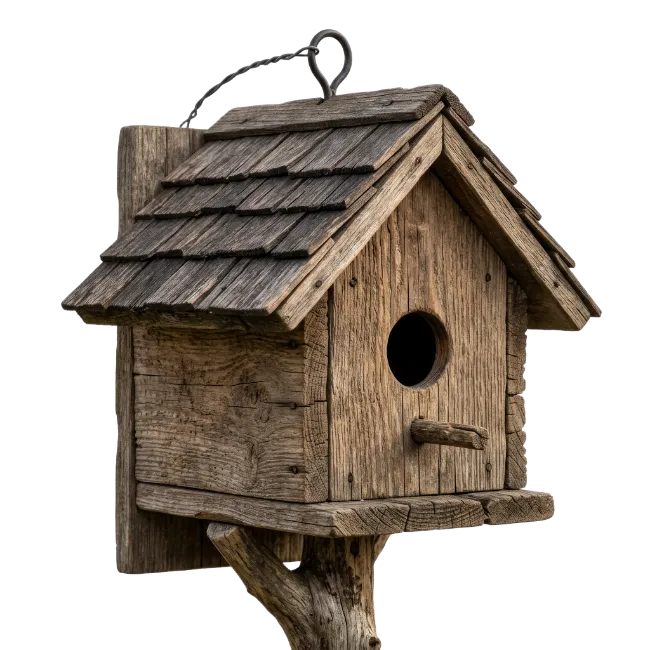 Rustic Wooden Birdhouse on Branch