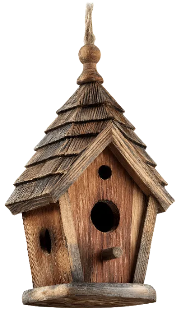 Rustic Wooden Birdhouse with Layered Shingle Roof