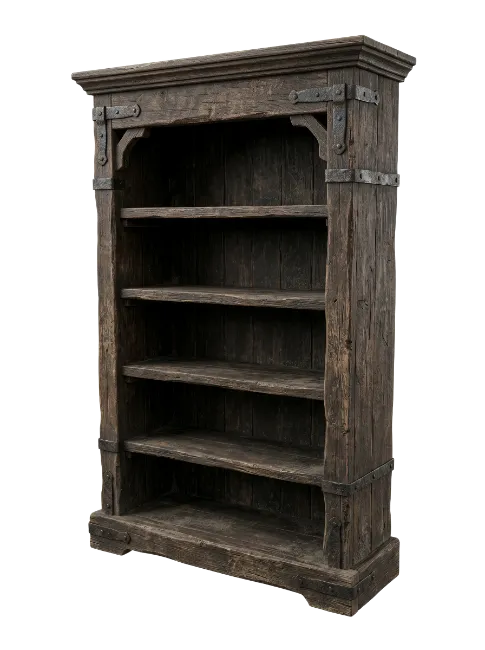 Rustic wooden bookshelf with metal brackets