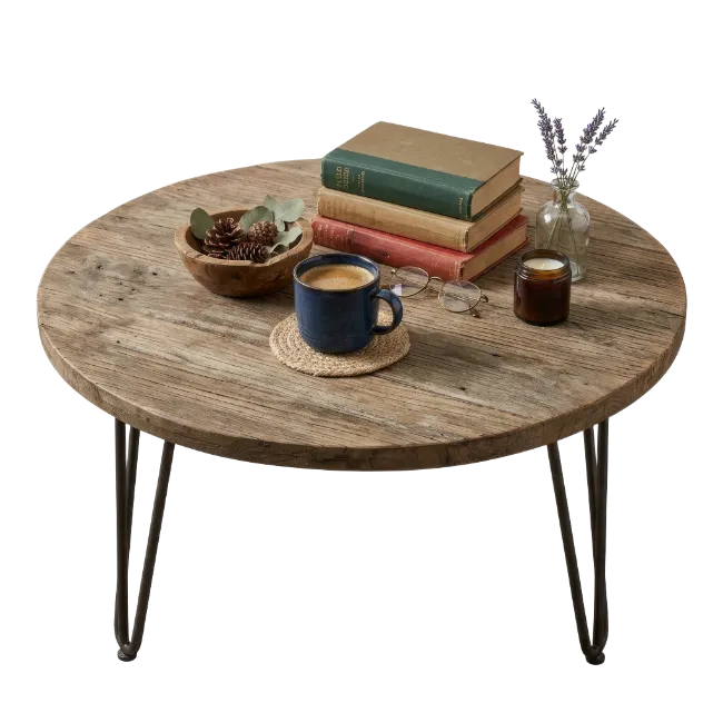 Rustic Wooden Coffee Table with Books and Coffee