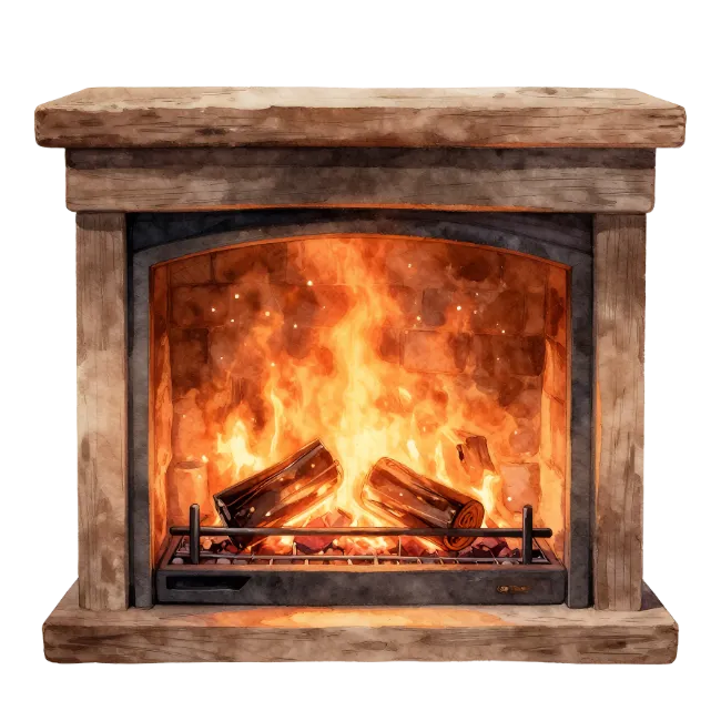 Rustic Wooden Fireplace with Burning Logs
