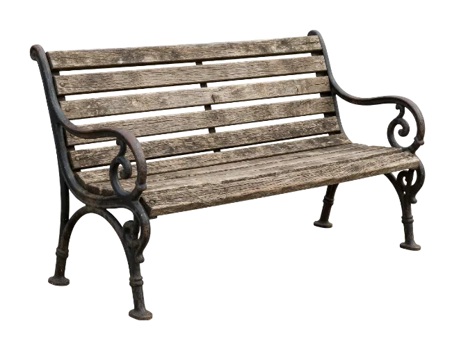 Rustic wooden park bench with iron armrests