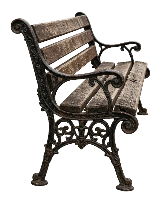 Rustic Wooden Park Bench with Ornate Iron Frame