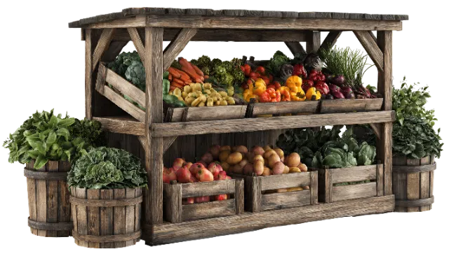 Rustic Wooden Produce Stand with Fresh Vegetables
