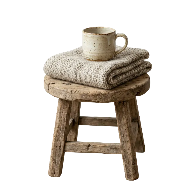 Rustic Wooden Stool with Knitted Blanket and Ceramic Mug