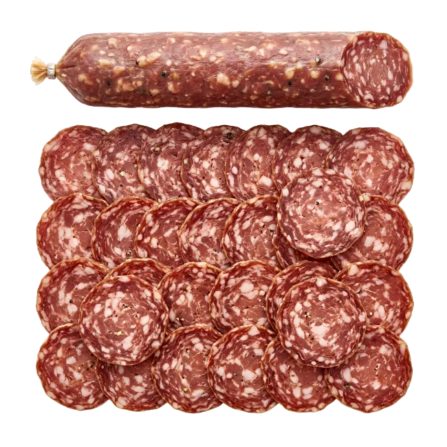 Salami sausage whole and sliced top view