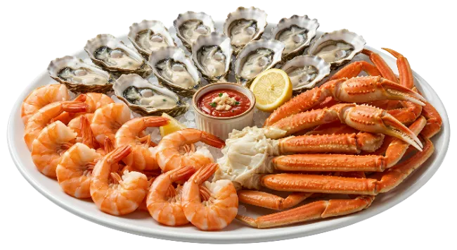 Seafood platter with oysters, shrimp, and crab