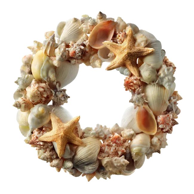 Seashell wreath decorated with starfish