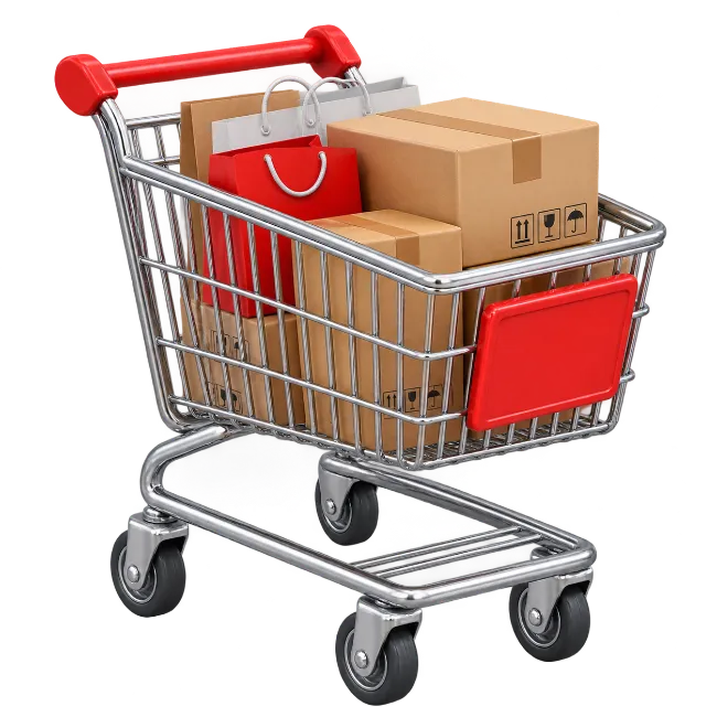 Shopping Cart Full of Cardboard Boxes and Paper Bags