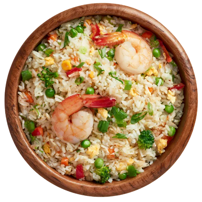 Shrimp Fried Rice in a Wooden Bowl