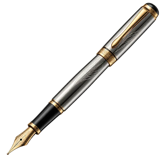 Silver and Gold Luxury Fountain Pen with Feather Pattern
