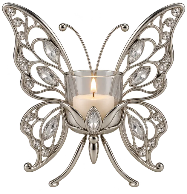 Silver Butterfly Candle Holder with Crystal Accents