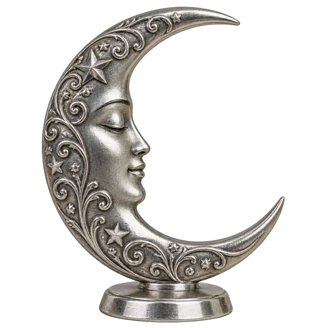 Silver Crescent Moon Sculpture with Face