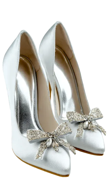 Silver High Heel Shoes with Rhinestone Bows