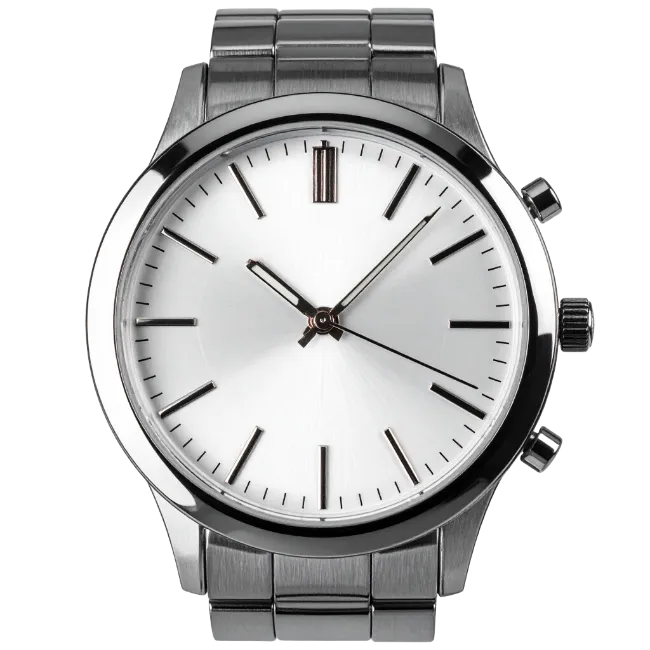 Silver metallic analog wristwatch with white dial
