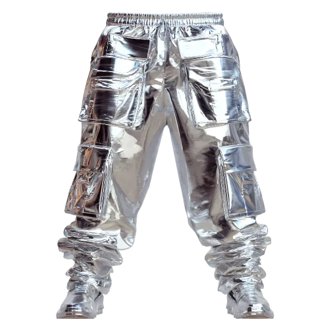 Silver Metallic Cargo Pants with Multiple Pockets