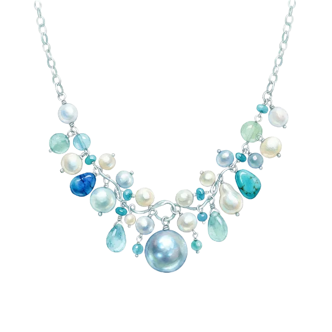 Silver Necklace with Blue and White Pearls and Gemstones