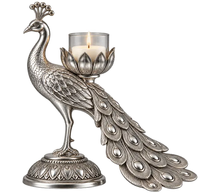 Silver Peacock Tealight Candle Holder