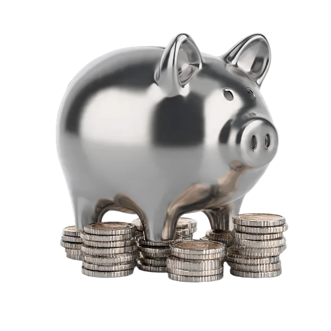 Silver Piggy Bank With Coin Stacks