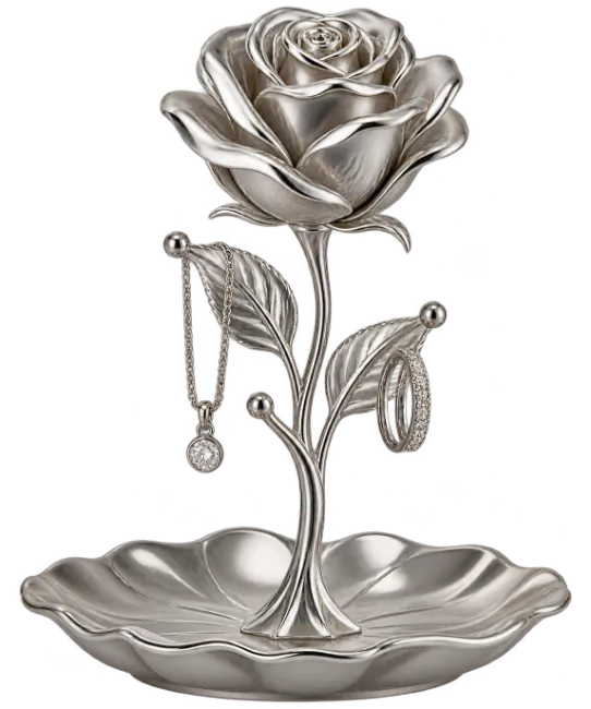 Silver Rose Jewelry Holder with Dish and Ring