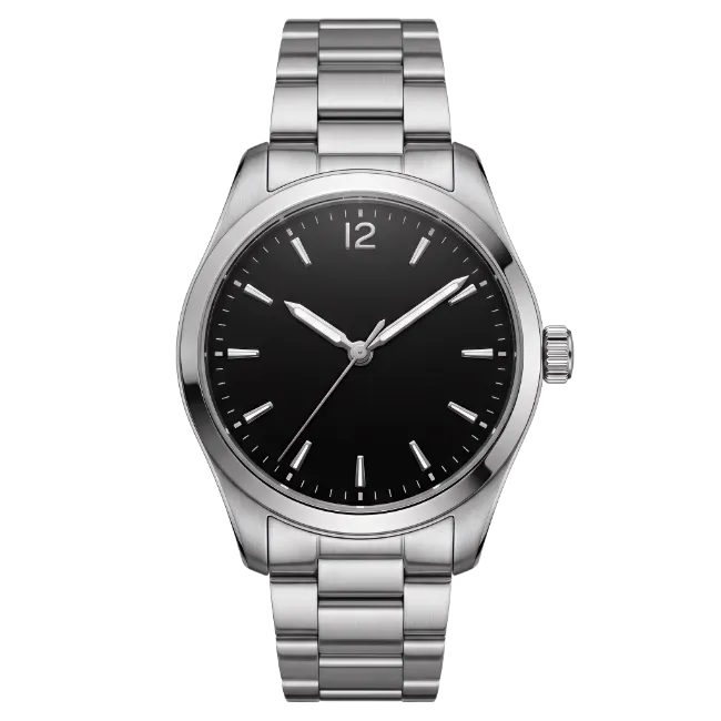 Silver wristwatch with black dial