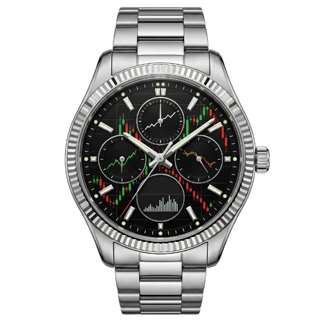 Silver wristwatch with stock market charts dial