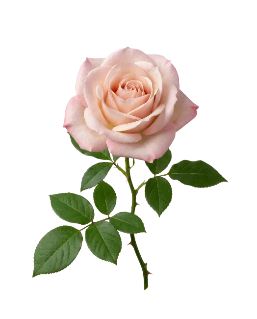 Single Light Pink Rose Stem with Green Leaves