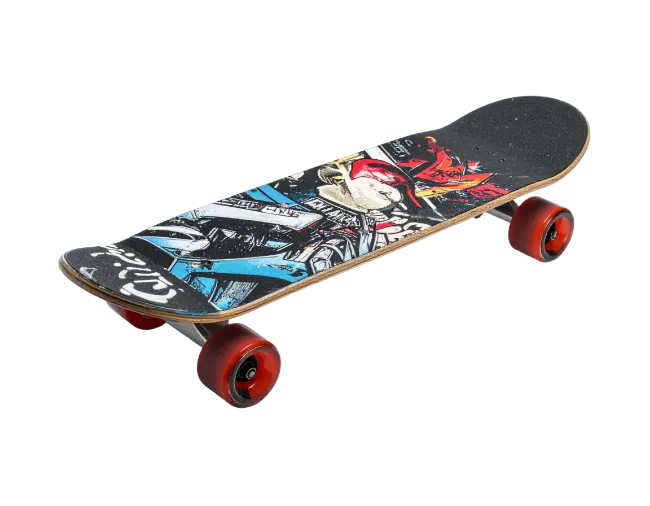 Skateboard with Red Wheels and Graphic Deck