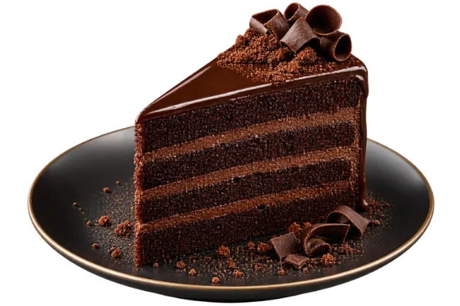 Slice of Rich Dark Chocolate Layer Cake on Black Plate
