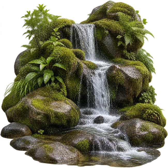 Small Cascading Rock Waterfall with Moss and Lush Greenery