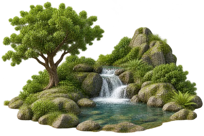 Small Waterfall with Mossy Rocks Pond and Lush Tree