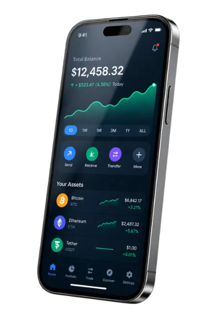 Smartphone Displaying Cryptocurrency Wallet and Trading App