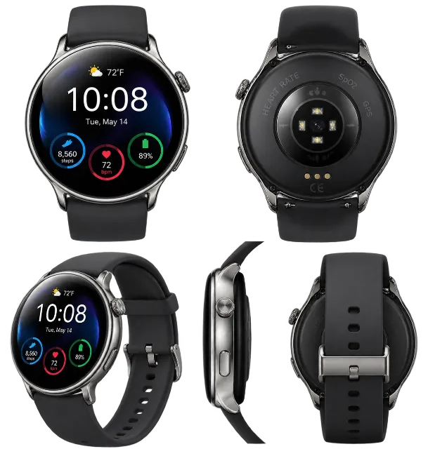 Smartwatch with Black Band Multiple Angles View