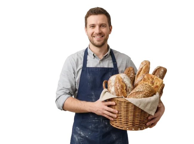 Smiling Baker Holding Fresh Bread Basket