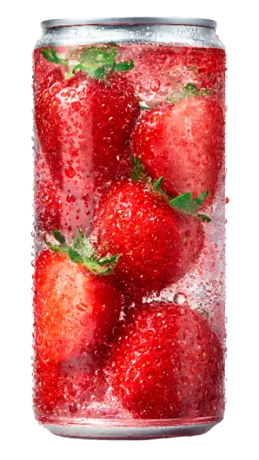 Soda can filled with fresh strawberries and carbonated water