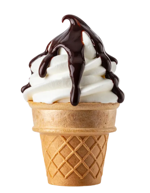 Soft serve ice cream cone with chocolate syrup