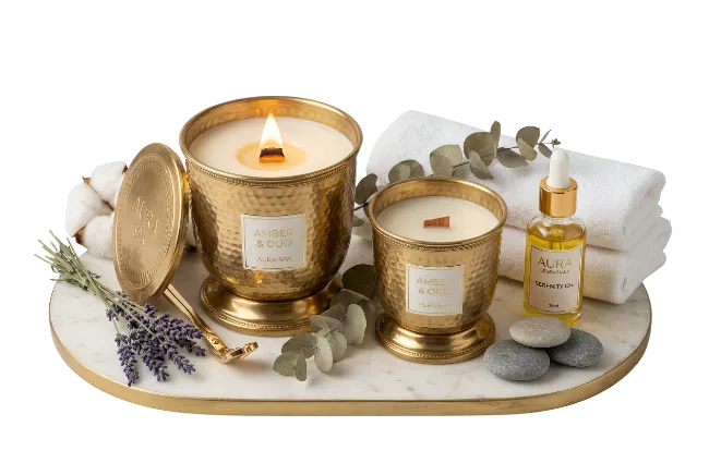 Spa Candle And Oil Set On Marble Tray