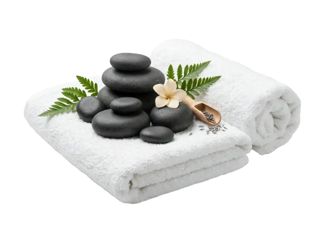 Spa stones with white towels and flower