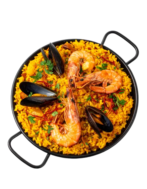 Spanish seafood paella in a pan