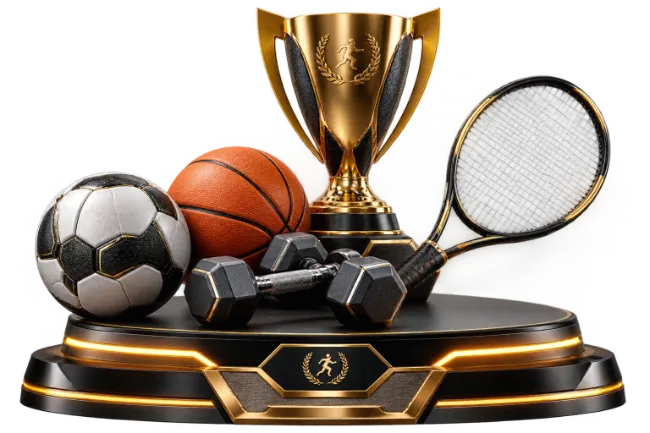 Sports Equipment And Gold Trophy On Podium